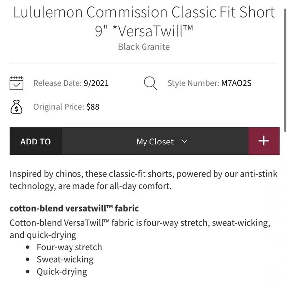 Lululemon Men's Commission Classic Fit Short 9" Vera Twill 32 in Black Granite - Picture 4 of 12
